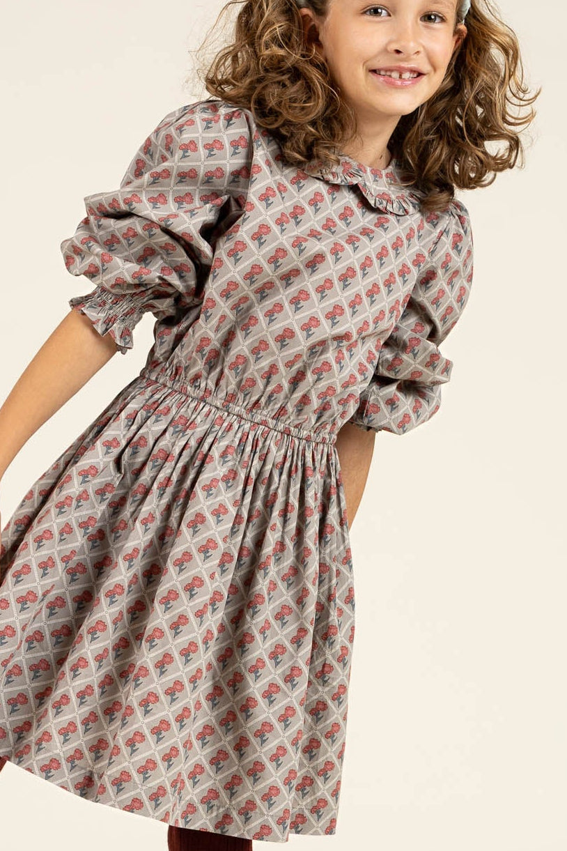 Bedrucktes Kleid aus Baumwollpopeline mit Gummizug in der Taille - Tween - Green w. Vintage Red | 100800 Amine