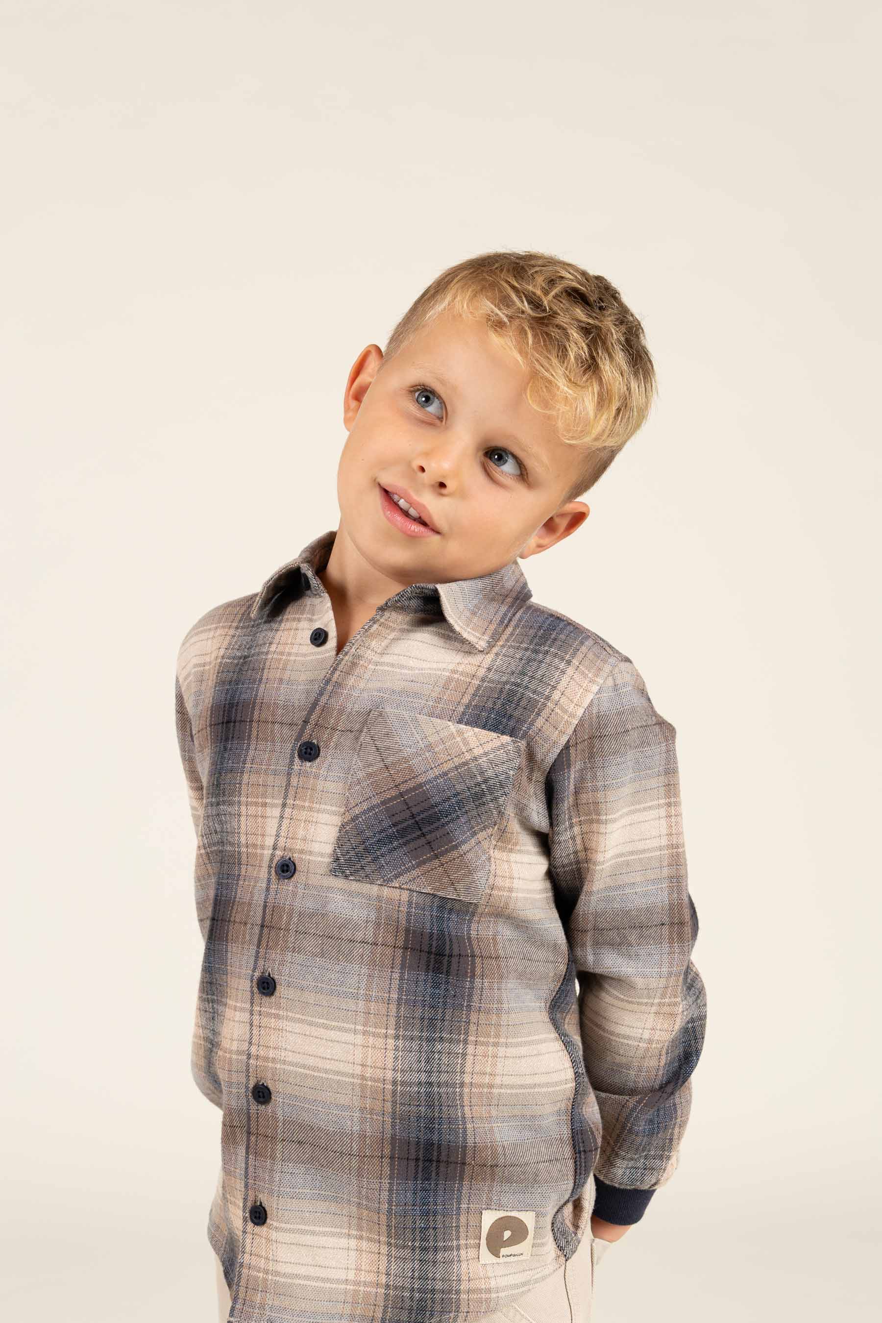 Kariertes Flanellhemd mit Rippbündchen - Kids - Brown Navy Check | 100529 Henry