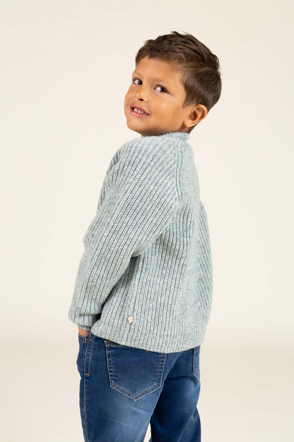 unisex Strickjacke in Wollmischung - Kids - Green Melange | 100747 Cork