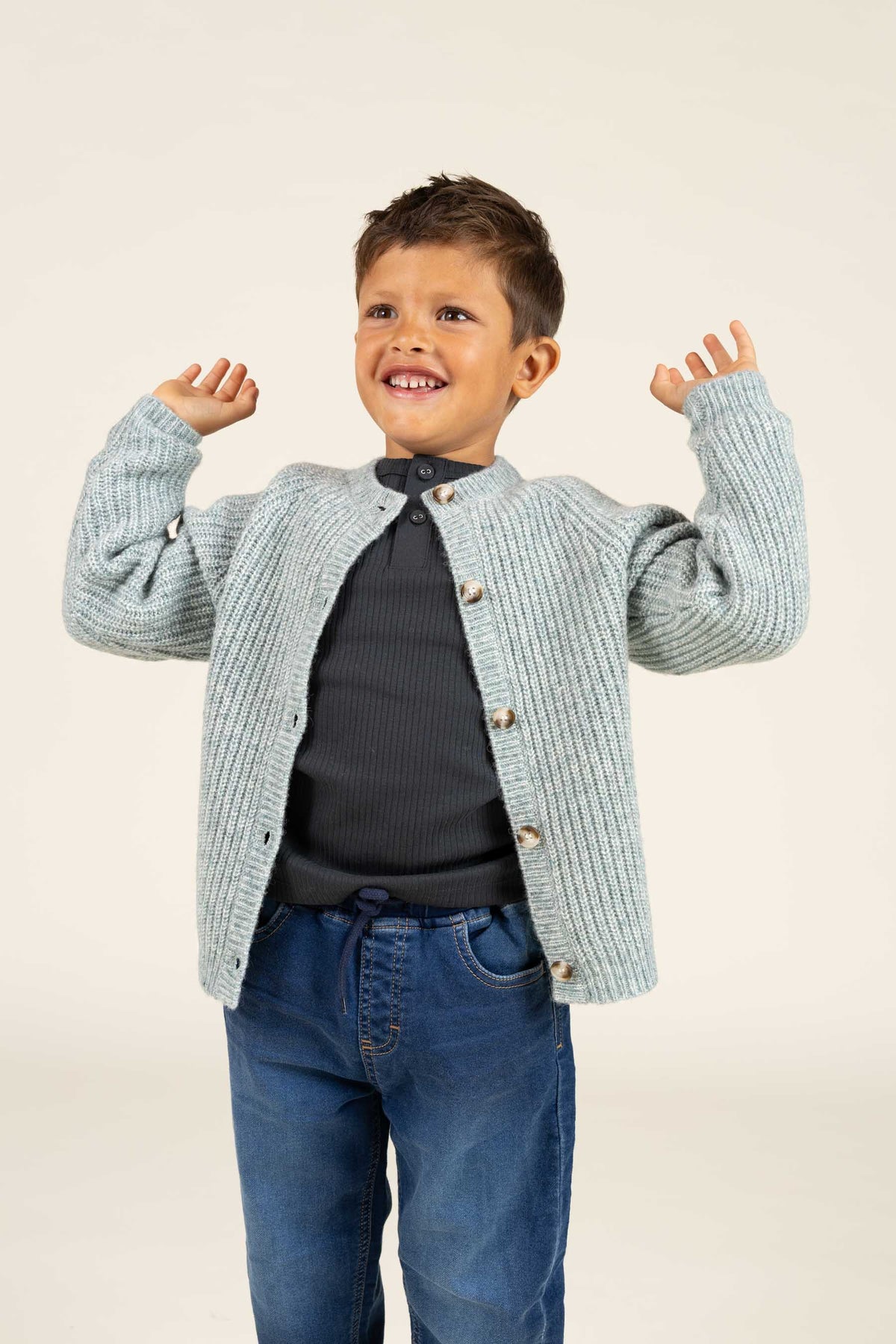 unisex Strickjacke in Wollmischung - Kids - Green Melange | 100747 Cork