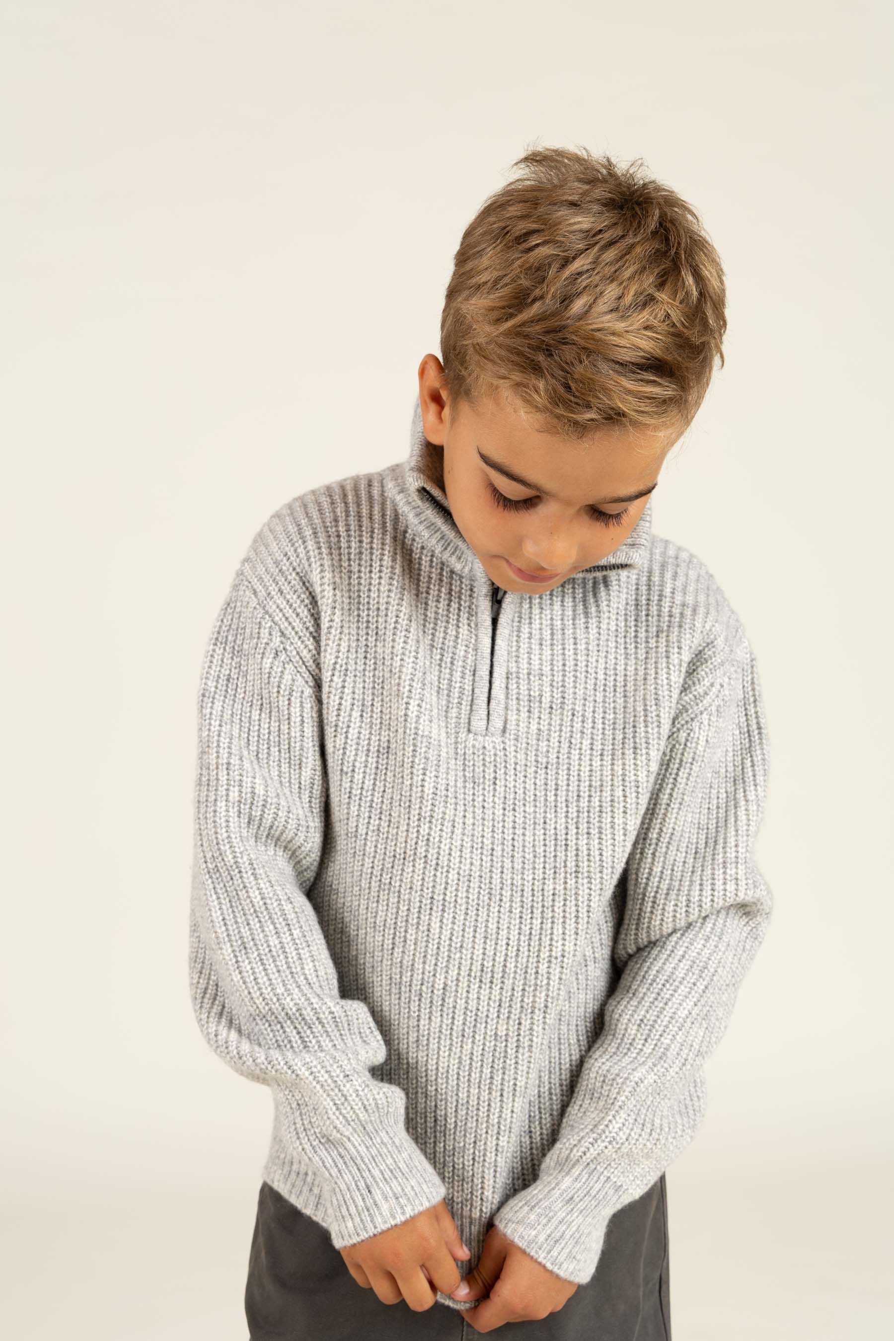 Woll Mix-Pullover mit halbem Reißverschluss - Tween - Grey Melange | 100753 Adam