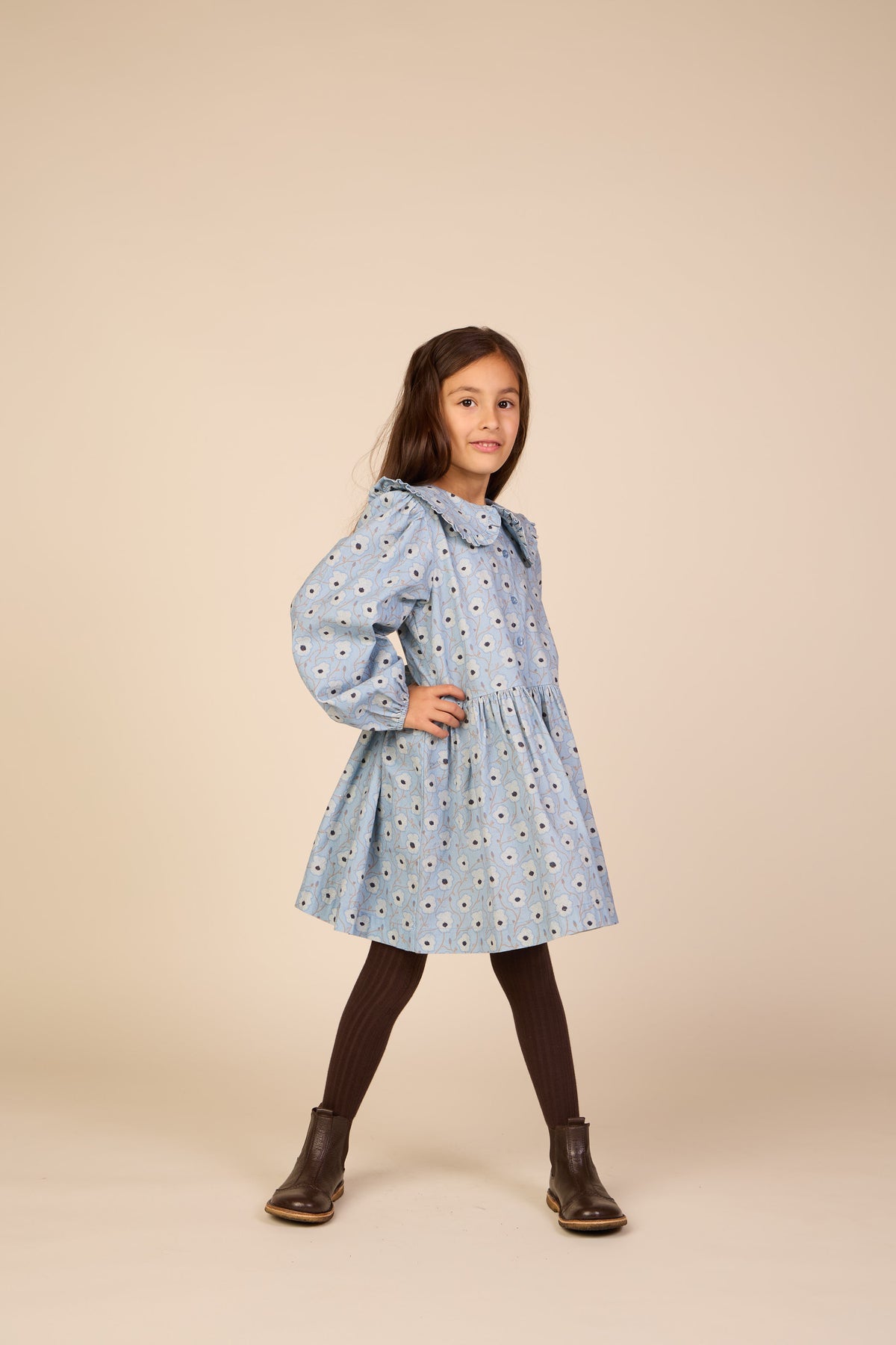 Geblümtes Baumwollkleid mit Rüschenkragen Tween - Blue/Brown | 101428 Nova