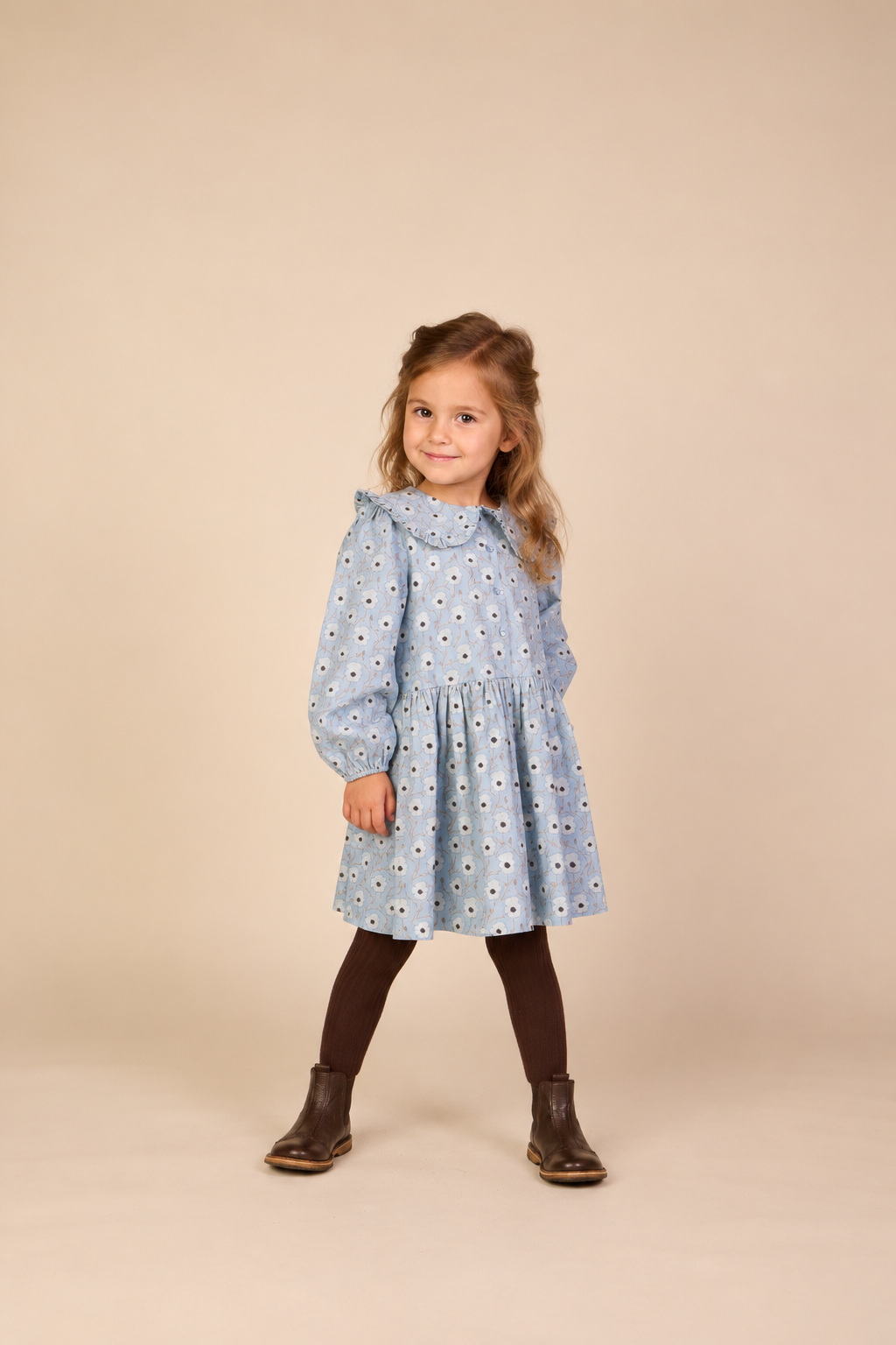 Geblümtes Baumwollkleid mit Rüschenkragen Kids - Blue/Brown | 101427 Nova