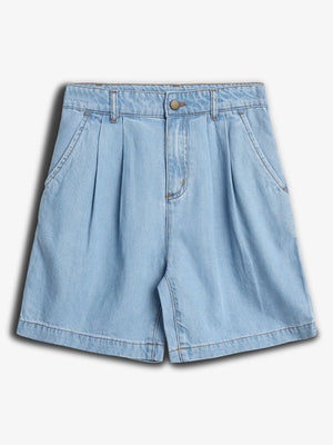 Light blue denim shorts with front pleats and pockets, button and zipper closure, displayed against a plain white background.