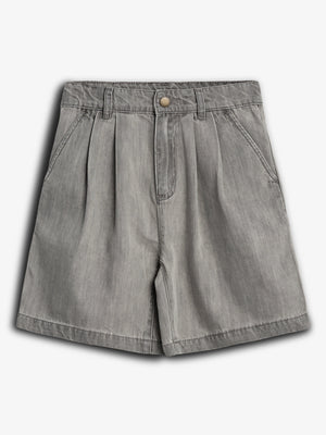 Gray denim shorts lay flat, featuring pleats and side pockets, with a button and zip closure. The background is plain white.