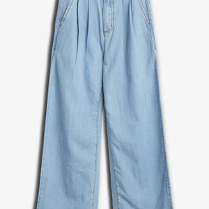 Light blue, wide-leg denim pants laid flat, featuring pleats and pockets, with a button closure and belt loops, set against a plain white background.