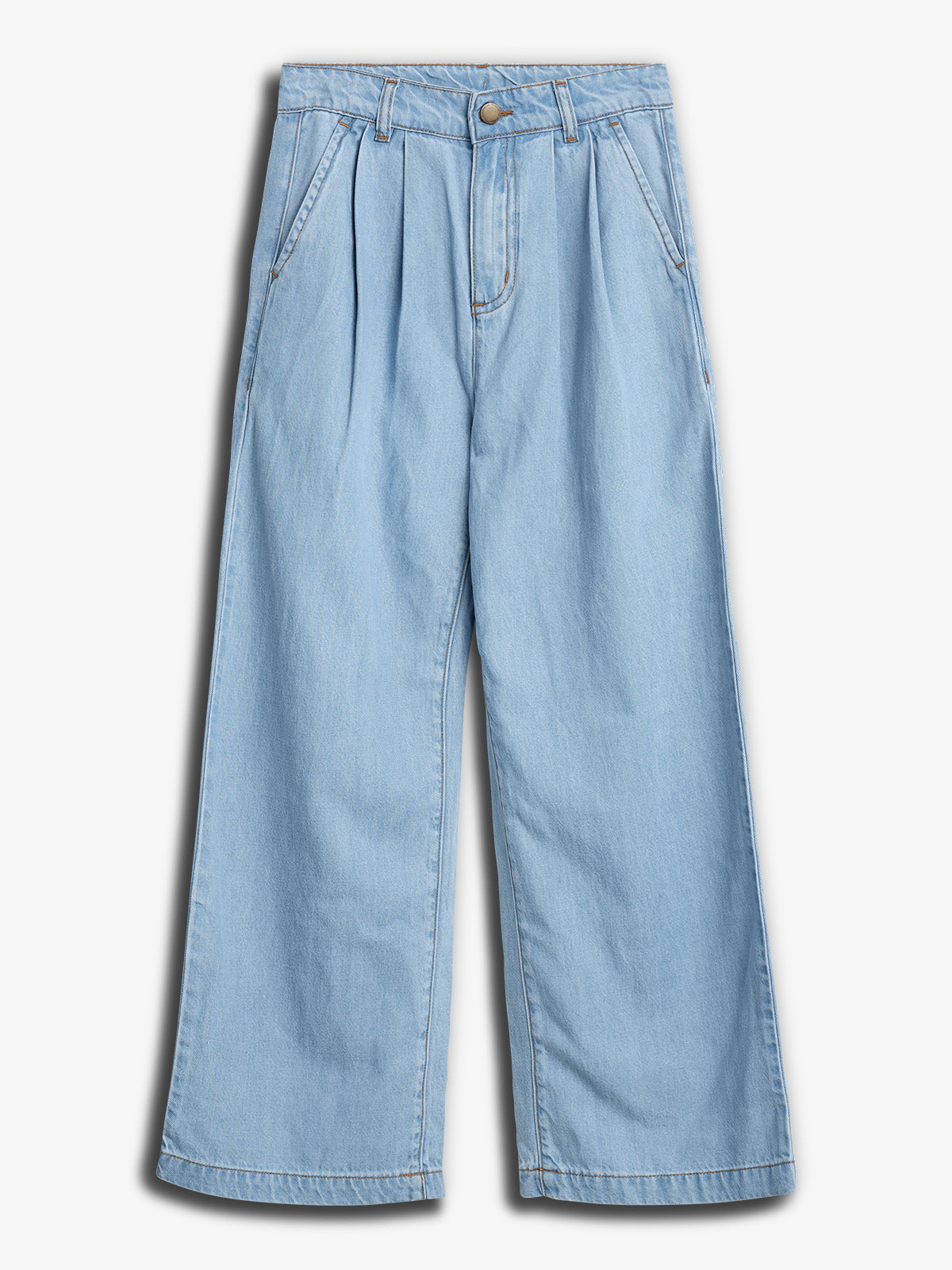 Light blue, wide-leg denim pants laid flat, featuring pleats and pockets, with a button closure and belt loops, set against a plain white background.