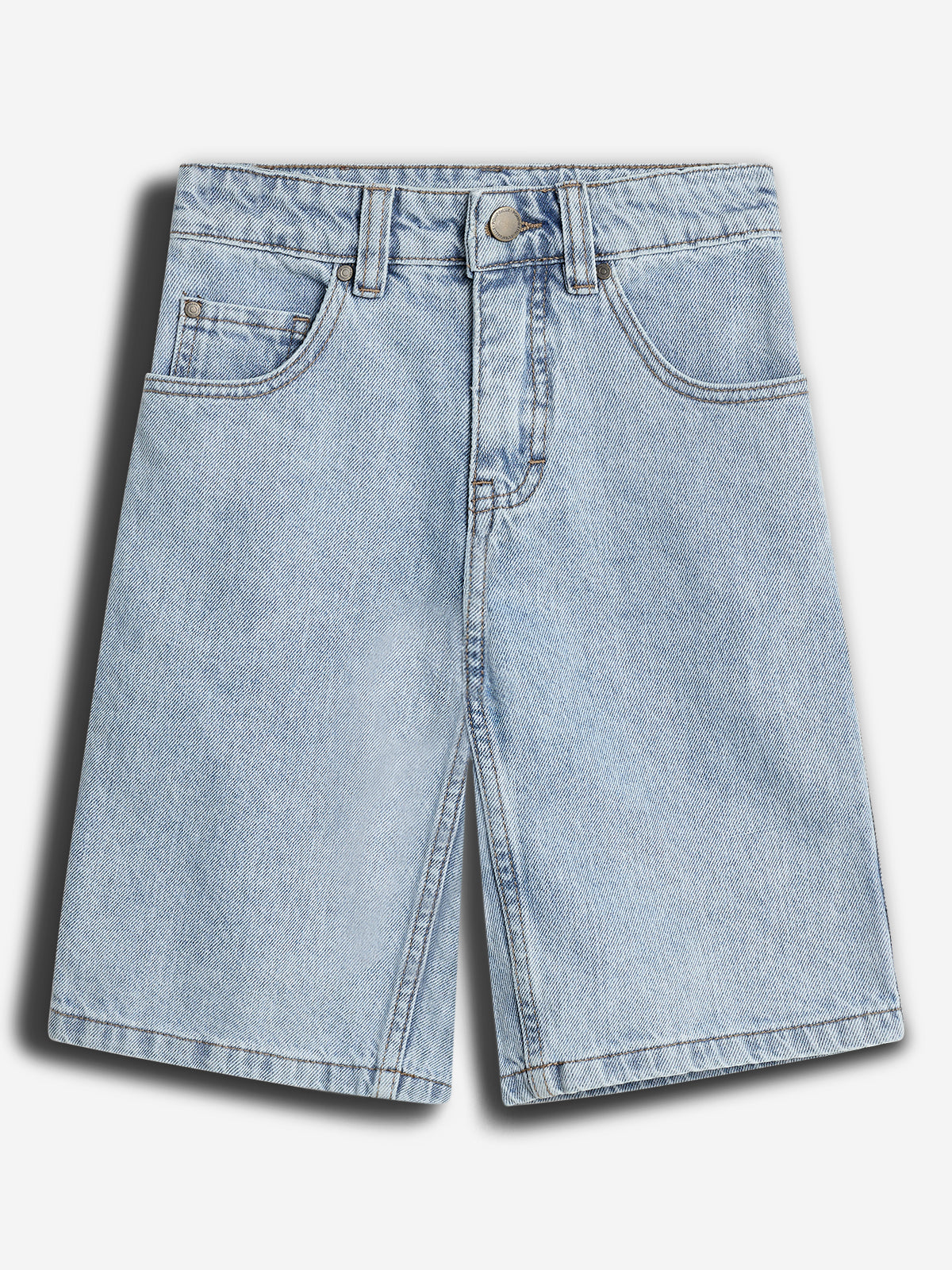 Denim shorts lie flat on a plain white background, displaying front pockets, belt loops, and a button closure, emphasizing their light blue color and casual style.