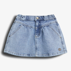 Denim skirt with button closure and two front pockets, displayed against a plain white background. A small embroidered design is visible near the hem on the right side.