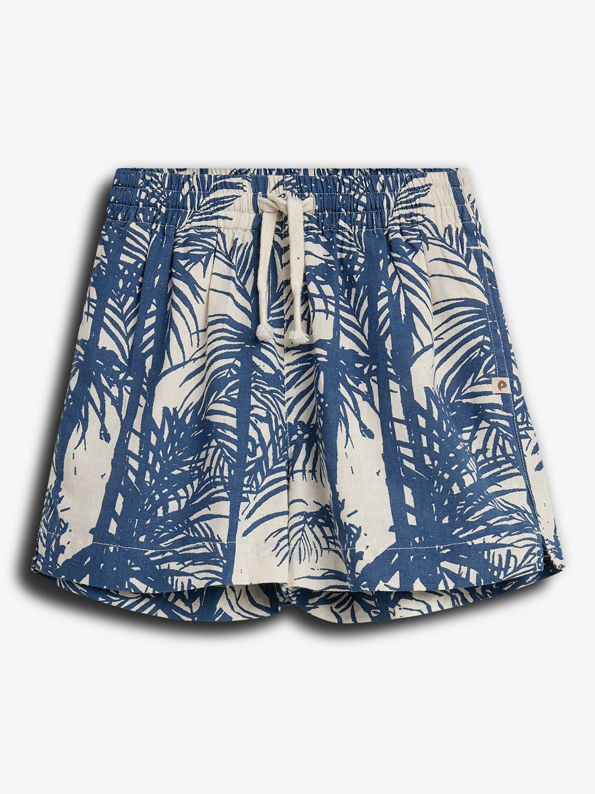 Blue and white shorts feature a palm tree pattern, with a drawstring waistband for adjustment. They are displayed against a neutral background, emphasizing their tropical design.