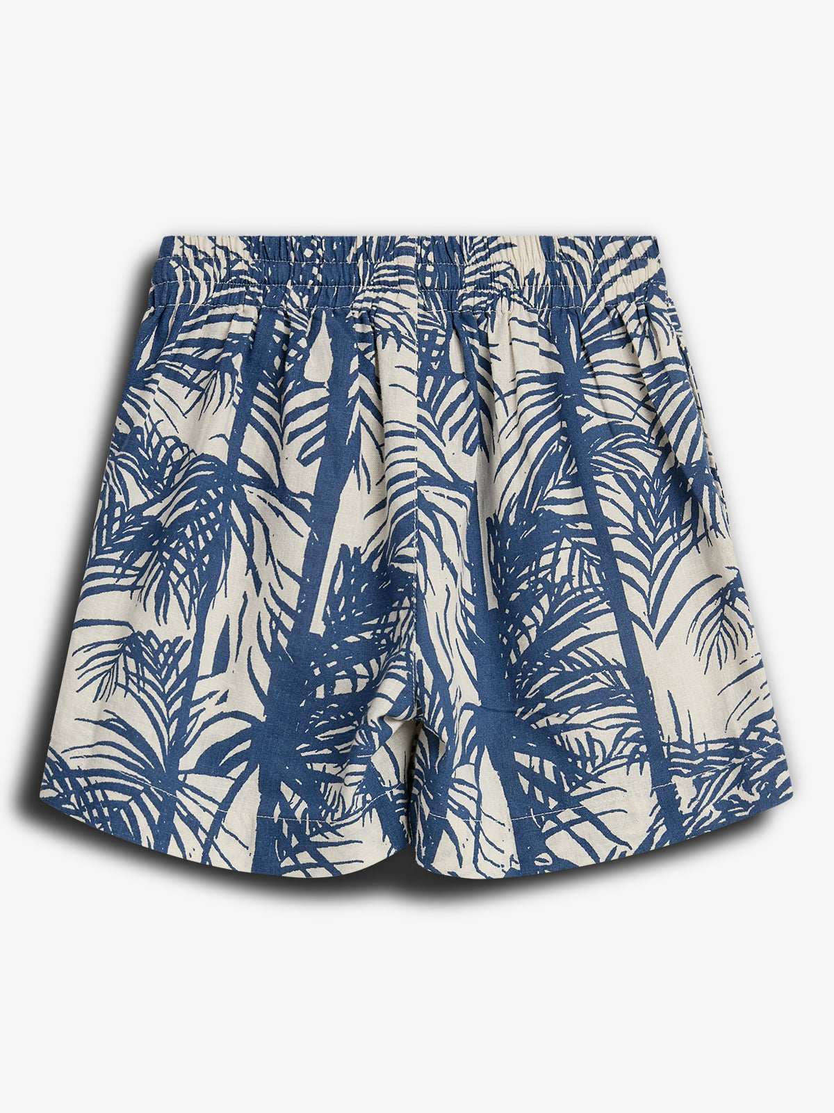 Shorts with a blue palm leaf pattern, featuring an elastic waistband, set against a plain white background. The design suggests a casual, tropical theme.