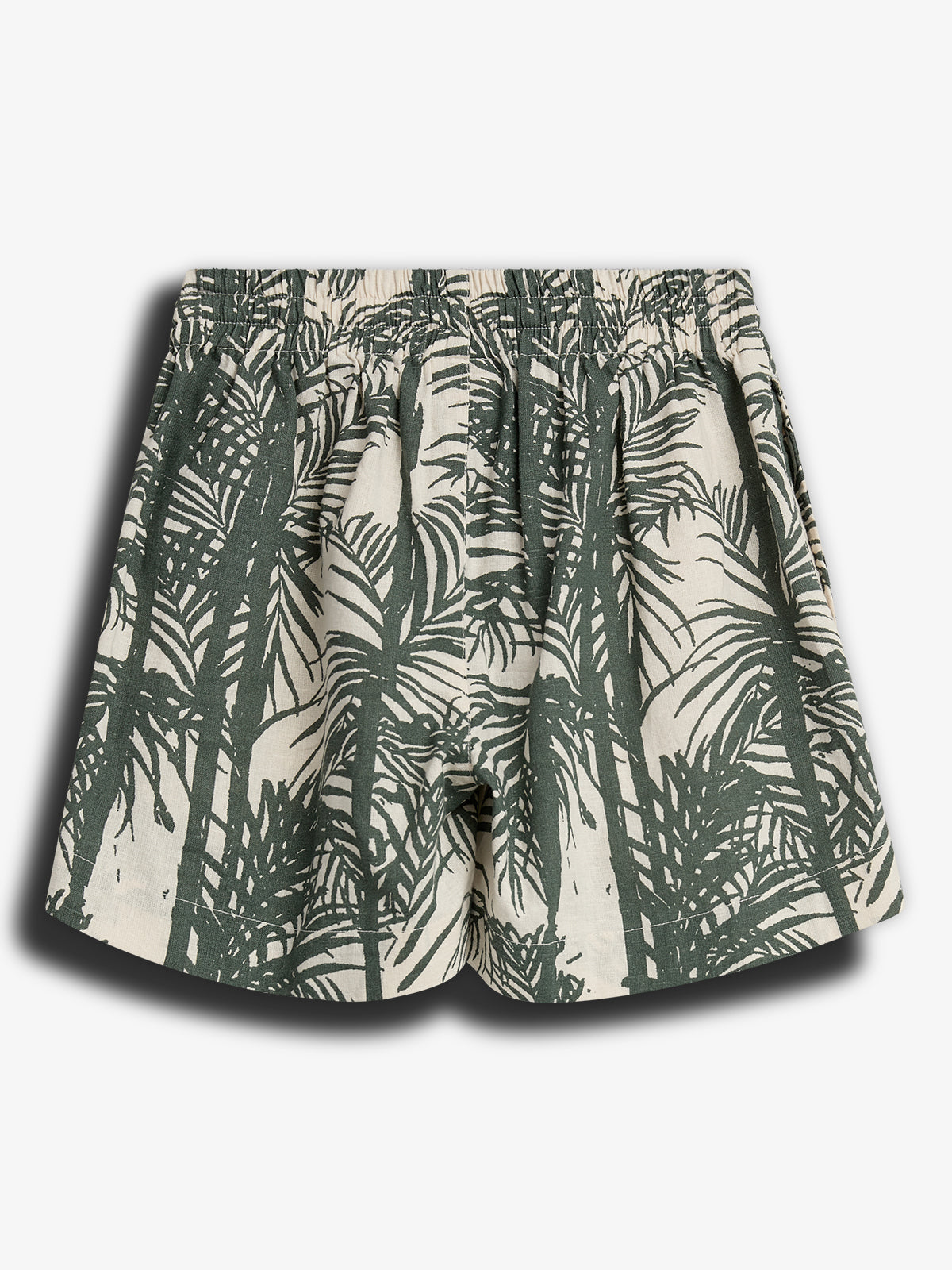 Shorts featuring a green palm tree pattern, with an elastic waistband, set against a neutral background, showcasing a casual, tropical theme.