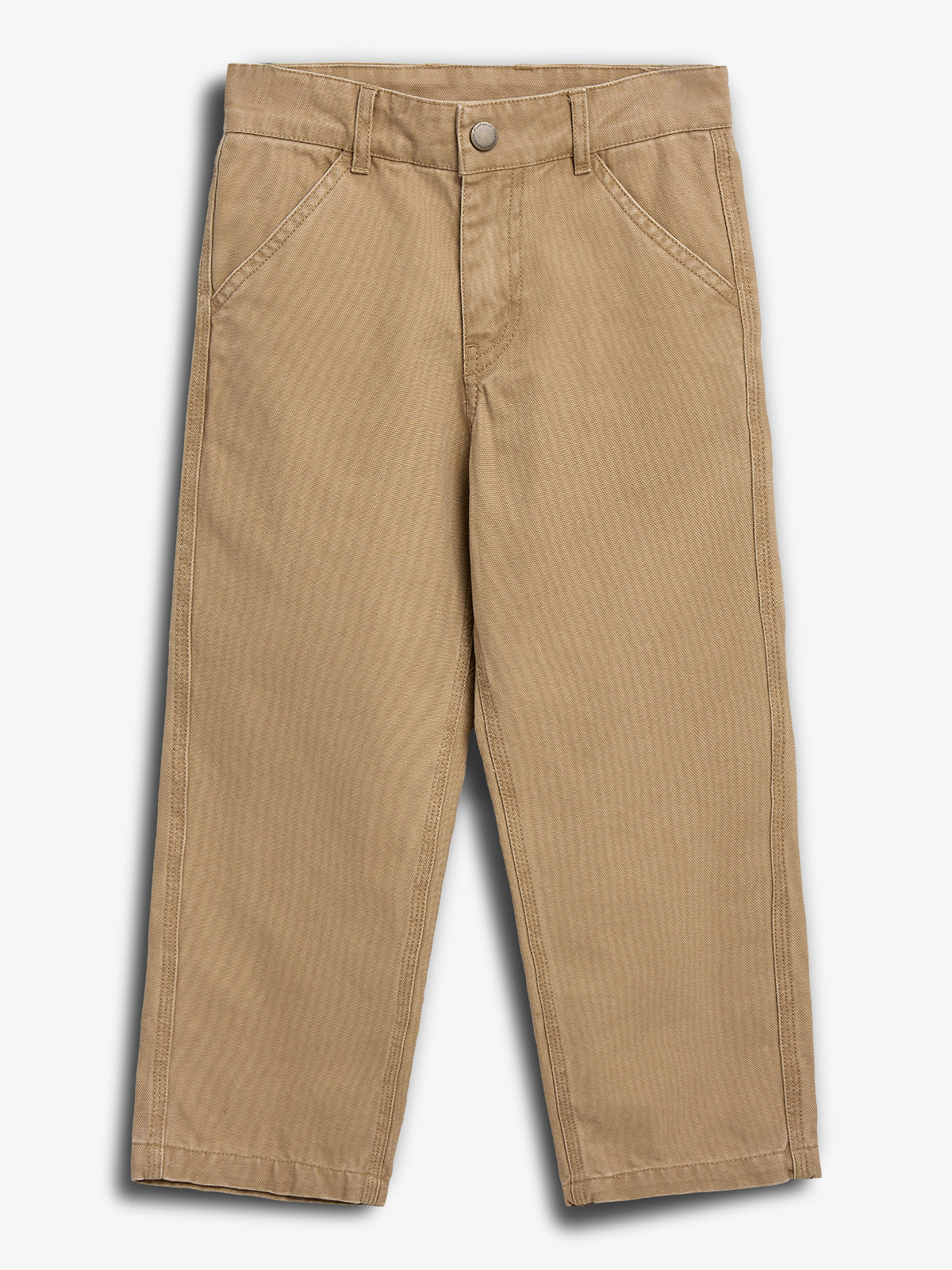 Khaki pants lie flat, showcasing their straight-leg design and button closure, with belt loops and front pockets visible, on a plain white background.