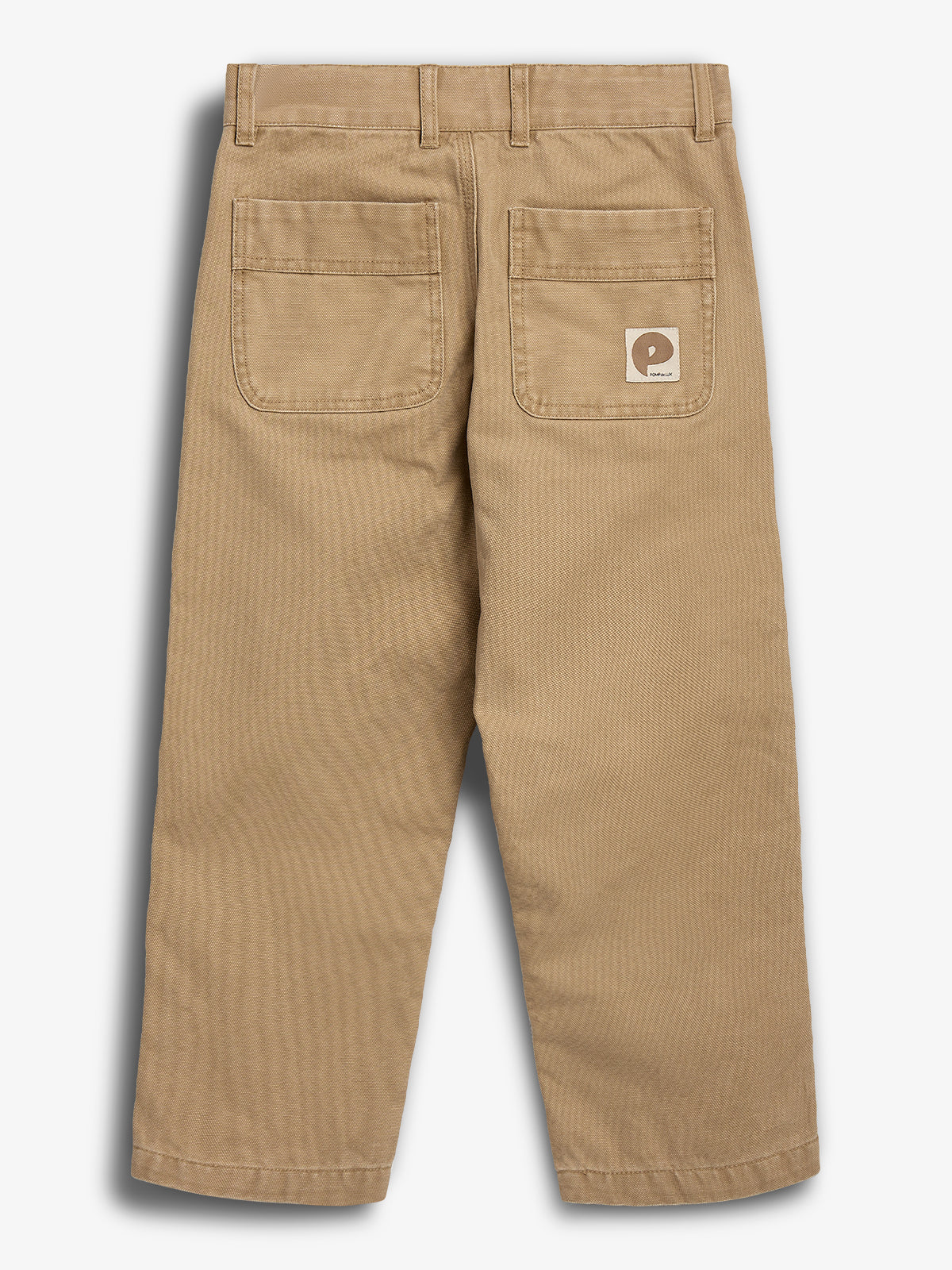 Tan pants with two back pockets featuring a small patch with a stylized "P" and "polo jeans co." text. The background is plain and white.