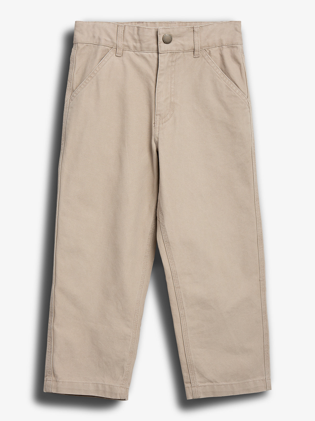 Beige pants are laid flat, featuring a button closure and front pockets, against a plain white background.
