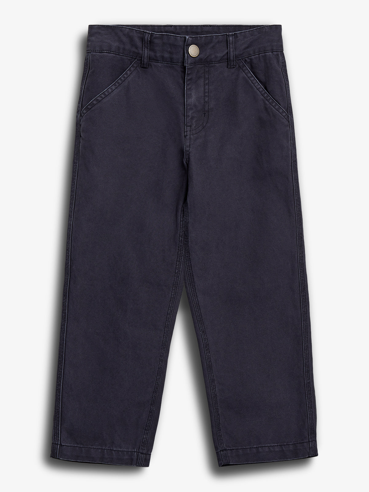 Dark blue pants lie flat with straight legs and visible seams. They feature side pockets, belt loops, and a button closure, set against a white background.