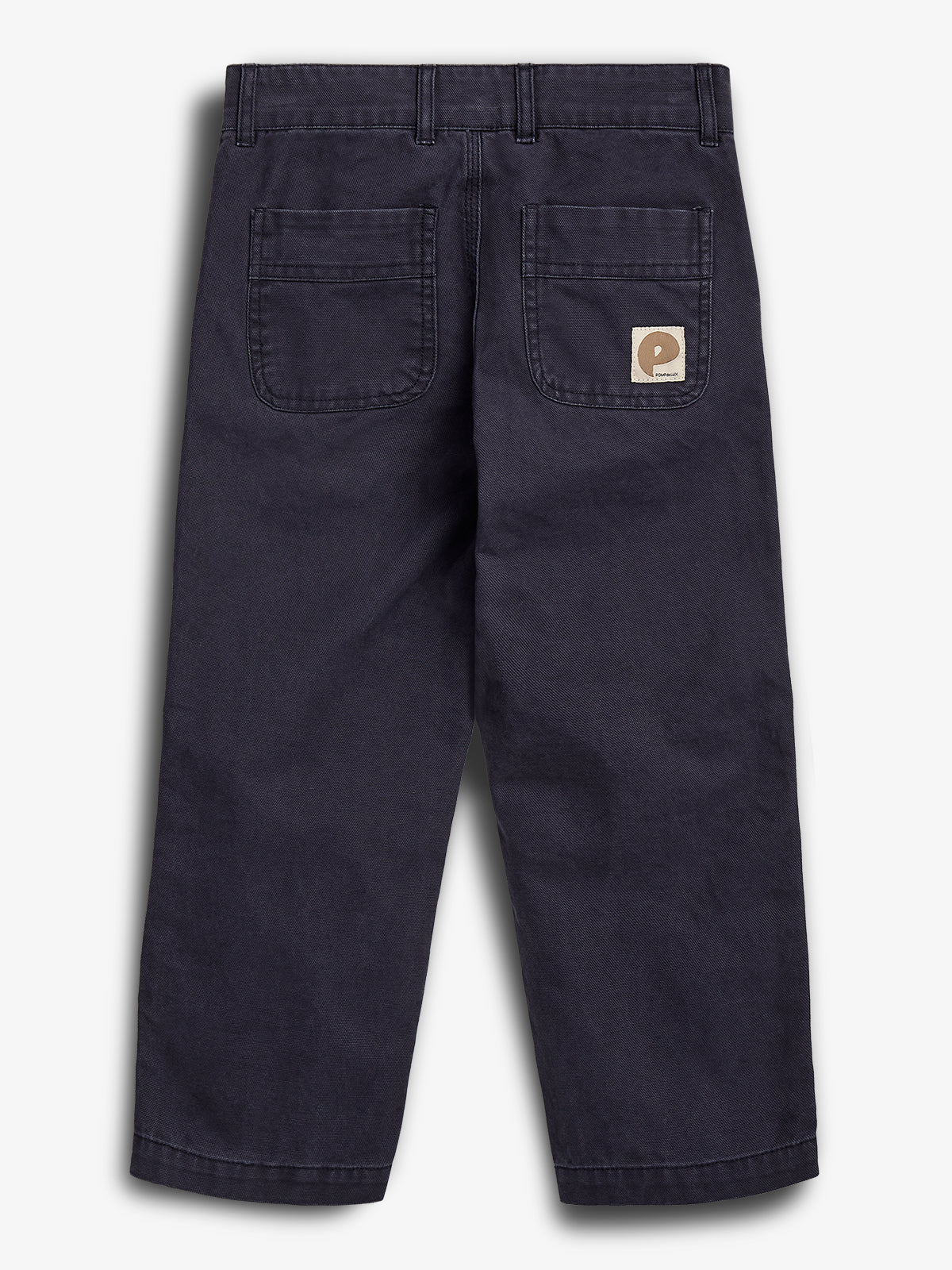 Dark blue pants with two large, square back pockets, and a leather patch featuring a 'P' on the right pocket, displayed against a plain white background.