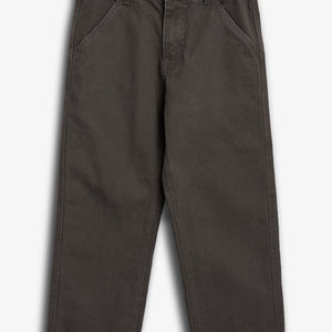 Dark brown pants lie flat against a plain white background, showcasing belt loops, a button closure, and side pockets. The image emphasizes the trousers' straight-leg cut and sturdy fabric.