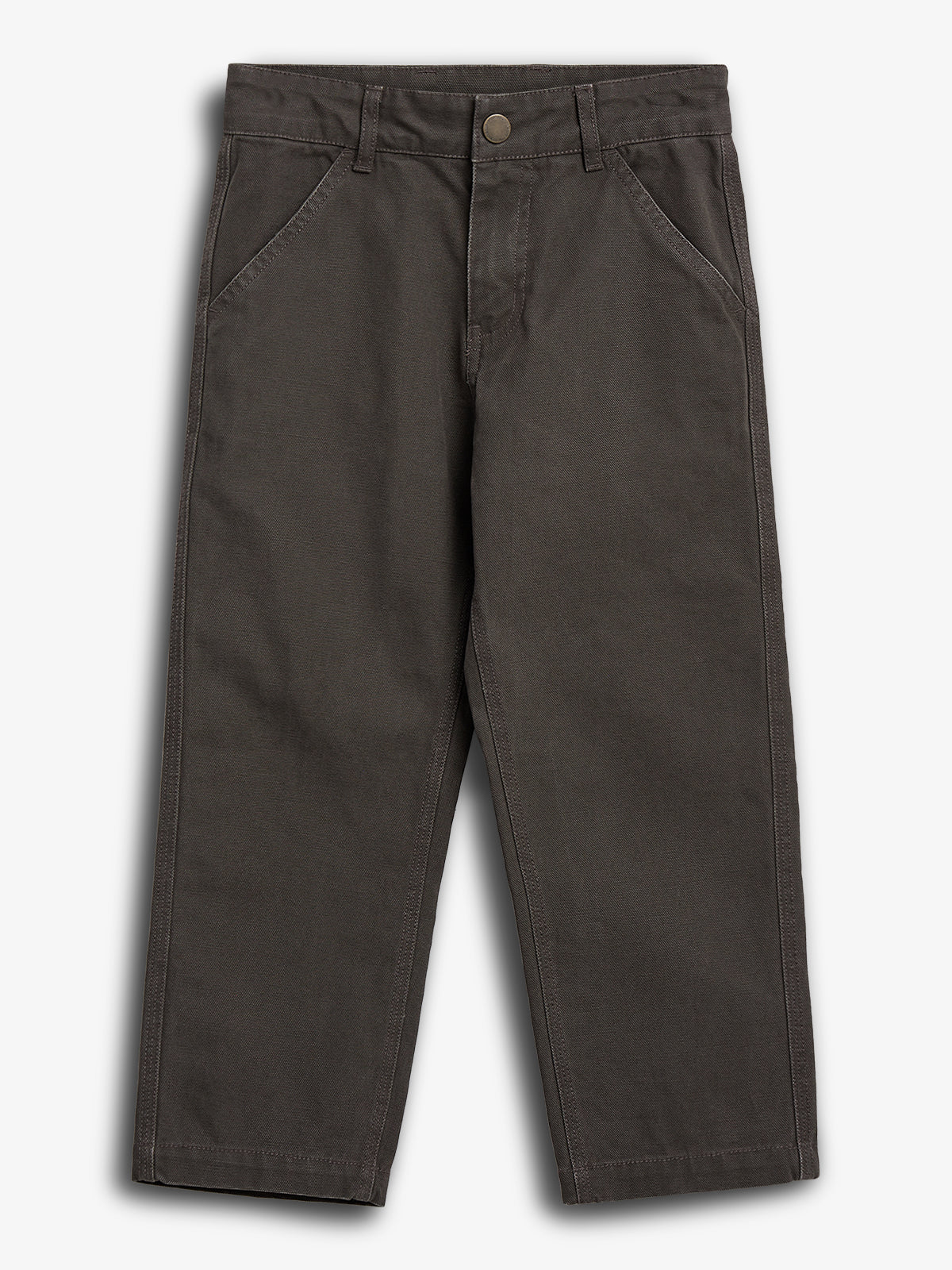 Dark brown pants lie flat against a plain white background, showcasing belt loops, a button closure, and side pockets. The image emphasizes the trousers' straight-leg cut and sturdy fabric.