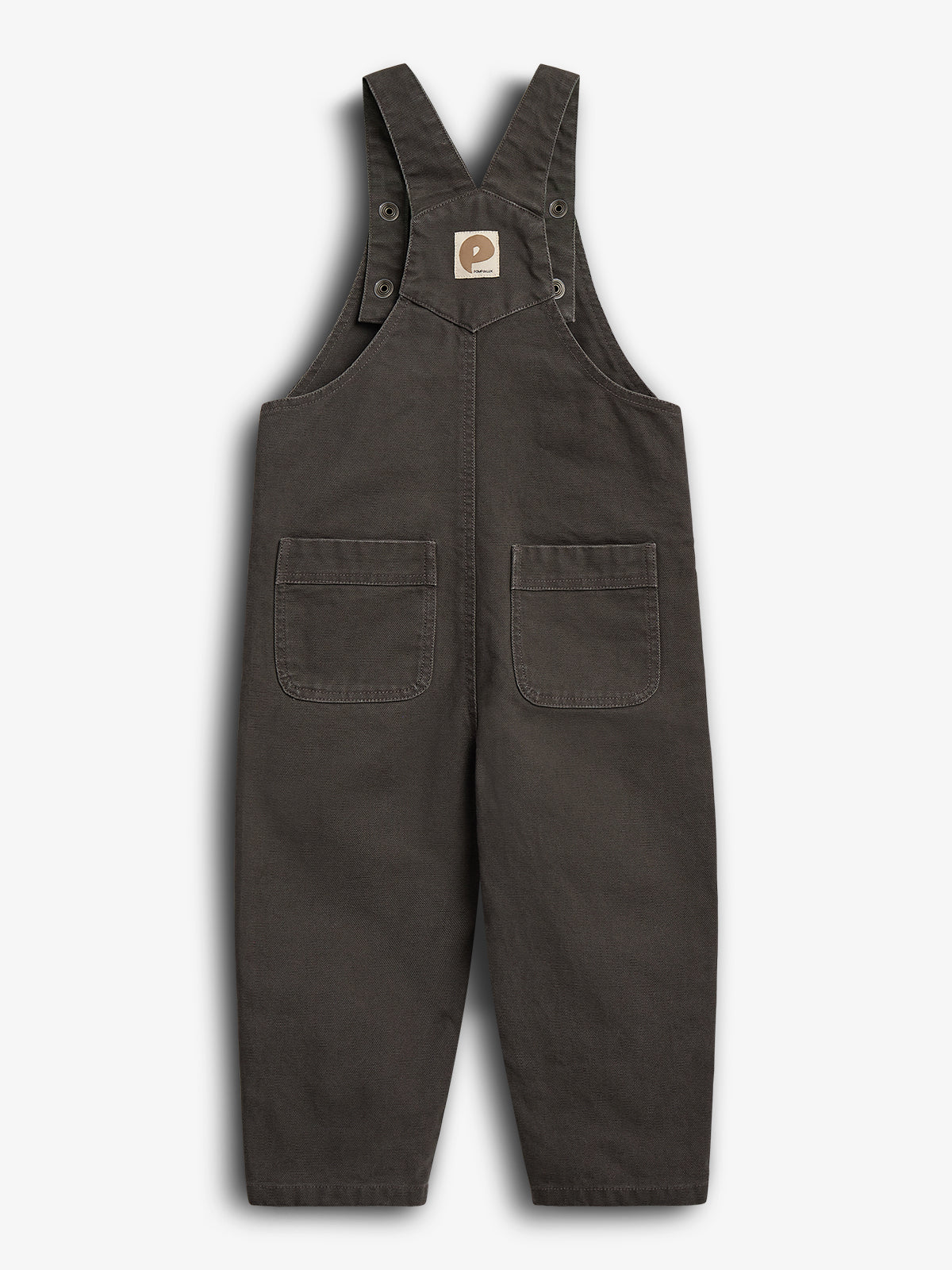 Dark brown overalls with two front pockets and adjustable straps; a square logo with a "P" is at the chest. The background is plain white.