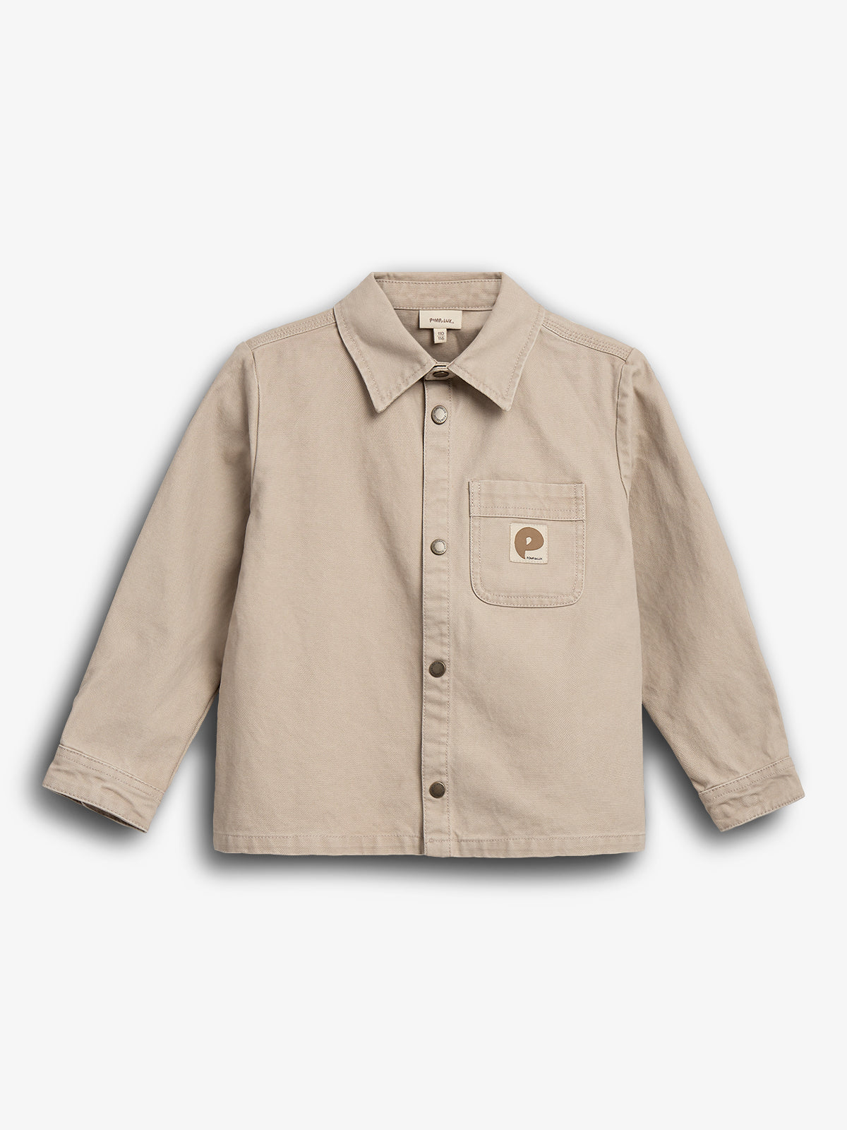 Shirt with buttons displayed front-facing; beige color, long sleeves, single chest pocket with logo "P" from "Parkland"; set against a plain white background.
