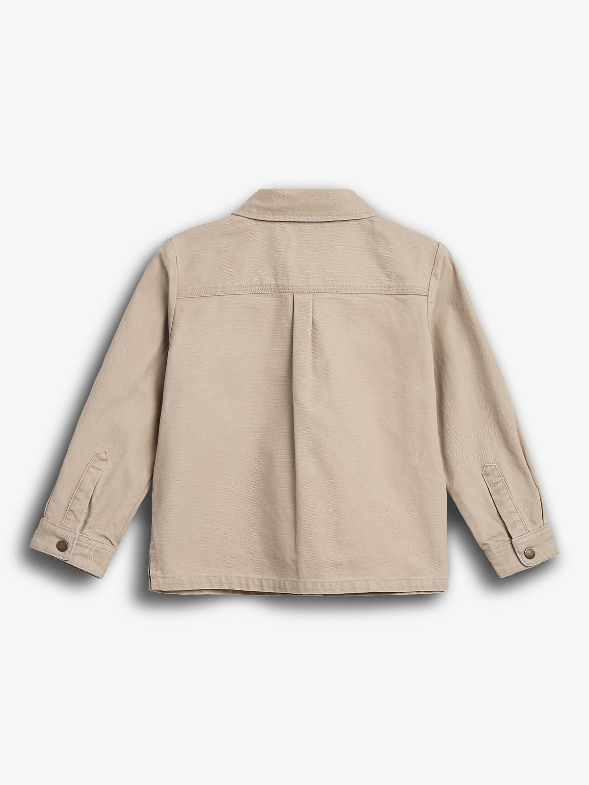 A beige jacket is displayed on a plain white background, with buttoned cuffs and a folded collar.