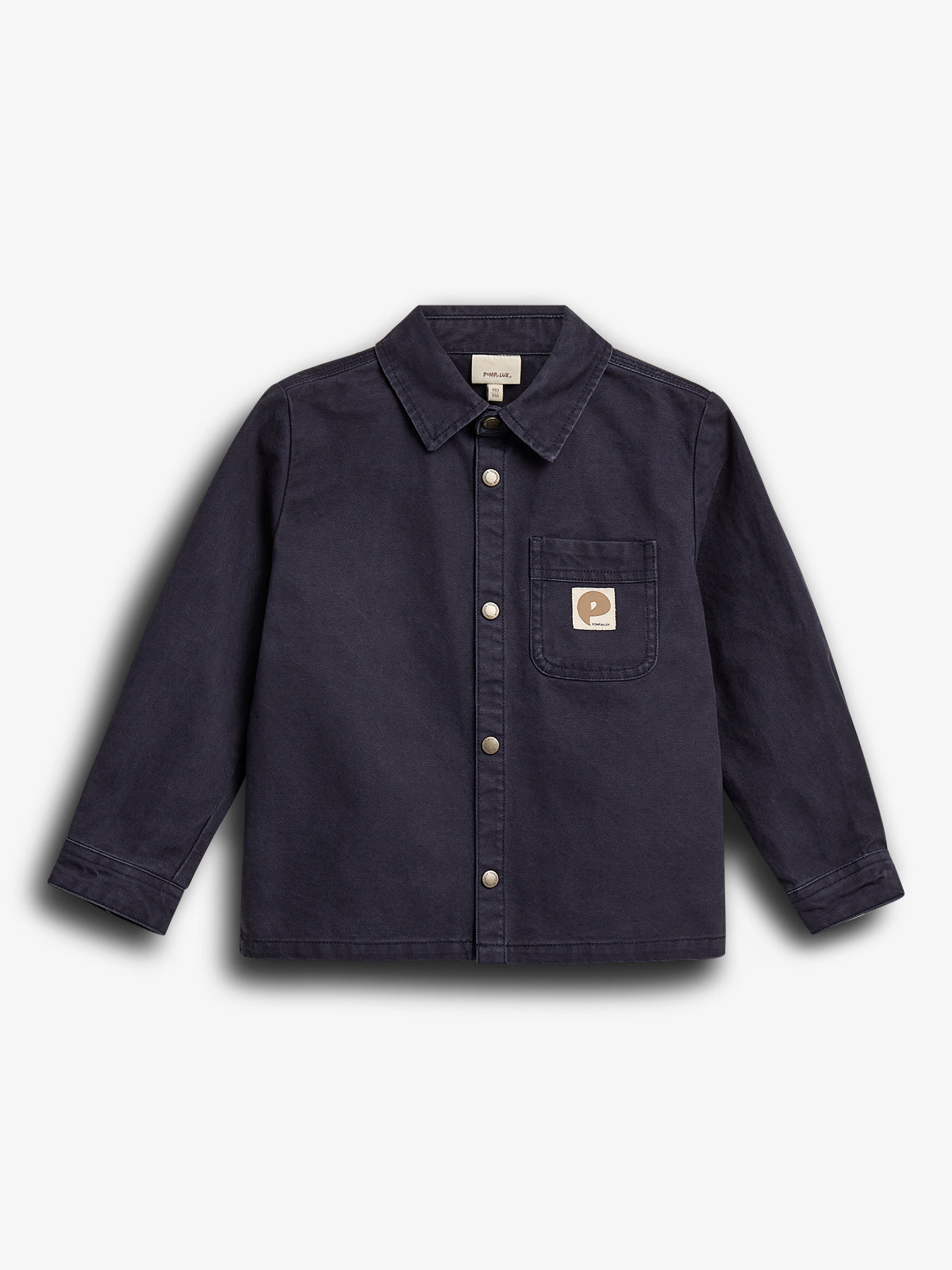 A dark blue button-up shirt with a collar is displayed, featuring a logo on the chest pocket. The background is plain white, emphasizing the garment's design.