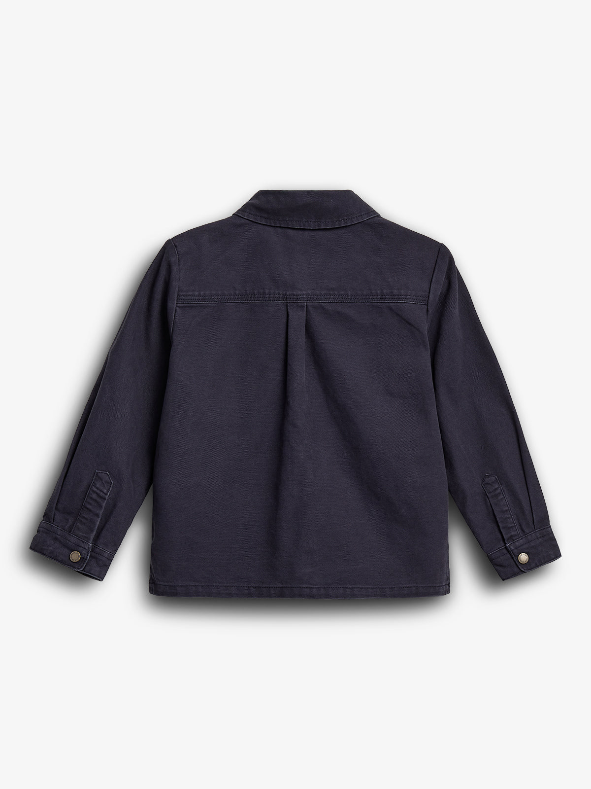 A dark navy jacket is lying flat, displaying its back with long sleeves and buttoned cuffs. The context is a plain white background.