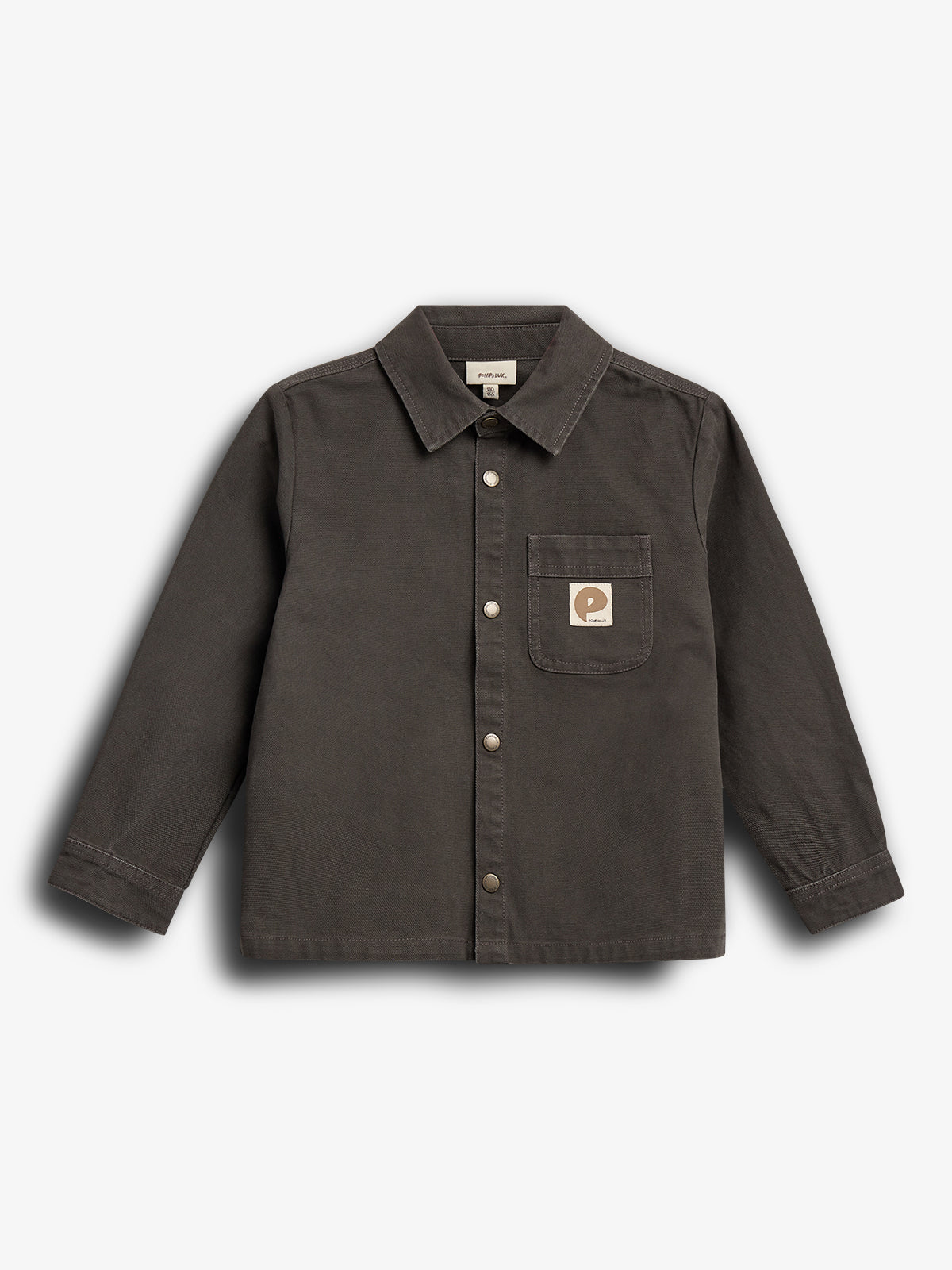 A dark gray button-up shirt with a collar and long sleeves, featuring a chest pocket with a small "P" on a square patch; displayed against a plain white background.