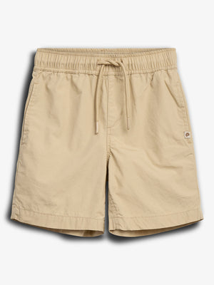 Beige shorts with an elastic waistband and drawstring, featuring side pockets and a small logo on the right leg, displayed against a plain white background.