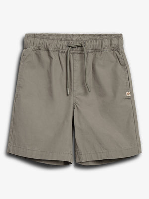 Gray shorts lie flat with an elastic waistband and drawstring, featuring side pockets and a small logo patch, set against a plain white background.