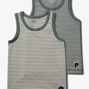 Two sleeveless striped shirts with teal trim overlap. The larger shirt has finer stripes. Both feature a small square patch with the letter "P" on the lower front.