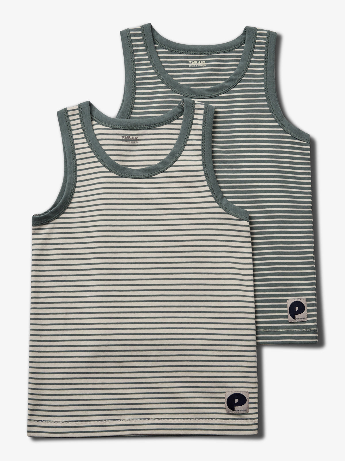 Two sleeveless striped shirts with teal trim overlap. The larger shirt has finer stripes. Both feature a small square patch with the letter "P" on the lower front.