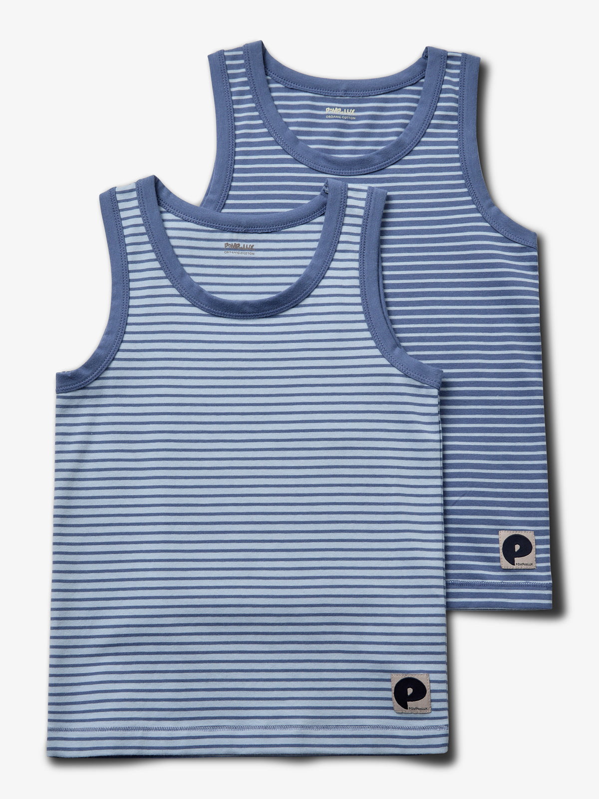 Two sleeveless children's tops with horizontal light and dark blue stripes overlap on a white background. Each top bears a "P" logo patch near the bottom hem.
