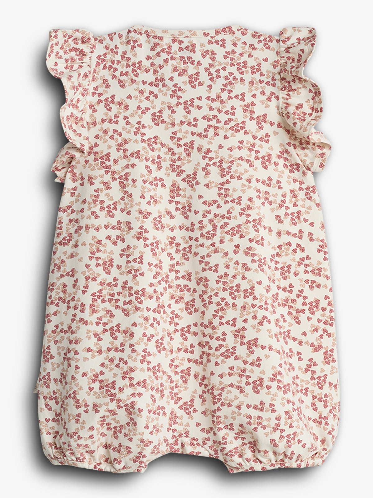 A baby romper featuring a floral pattern in red and beige on a white background, adorned with ruffled sleeves. It is laid flat against a plain backdrop.