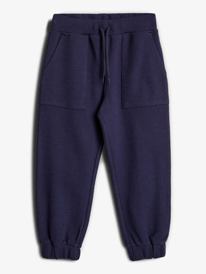 Navy blue sweatpants lie flat with a drawstring waistband, elastic cuffs, and large front pockets, set against a plain white background.