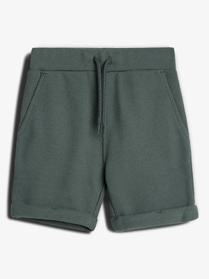 Dark green textured shorts with a drawstring waistband and two front pockets, contextually placed against a plain white background.
