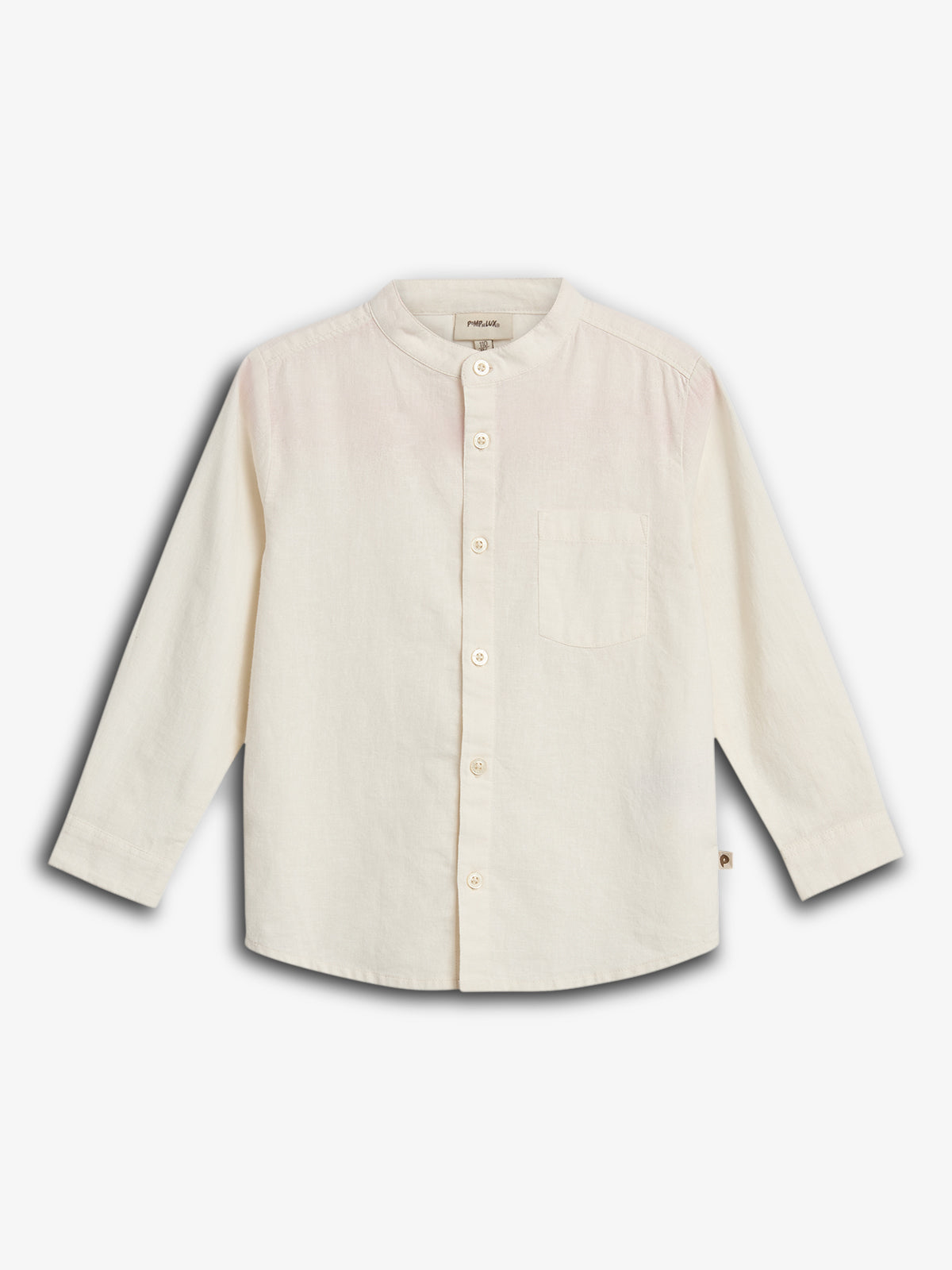 Cream-colored, long-sleeved shirt with a Mandarin collar, buttoned front, and single chest pocket. Displayed against a plain white background. Tag inside reads "PAUL LUXE."