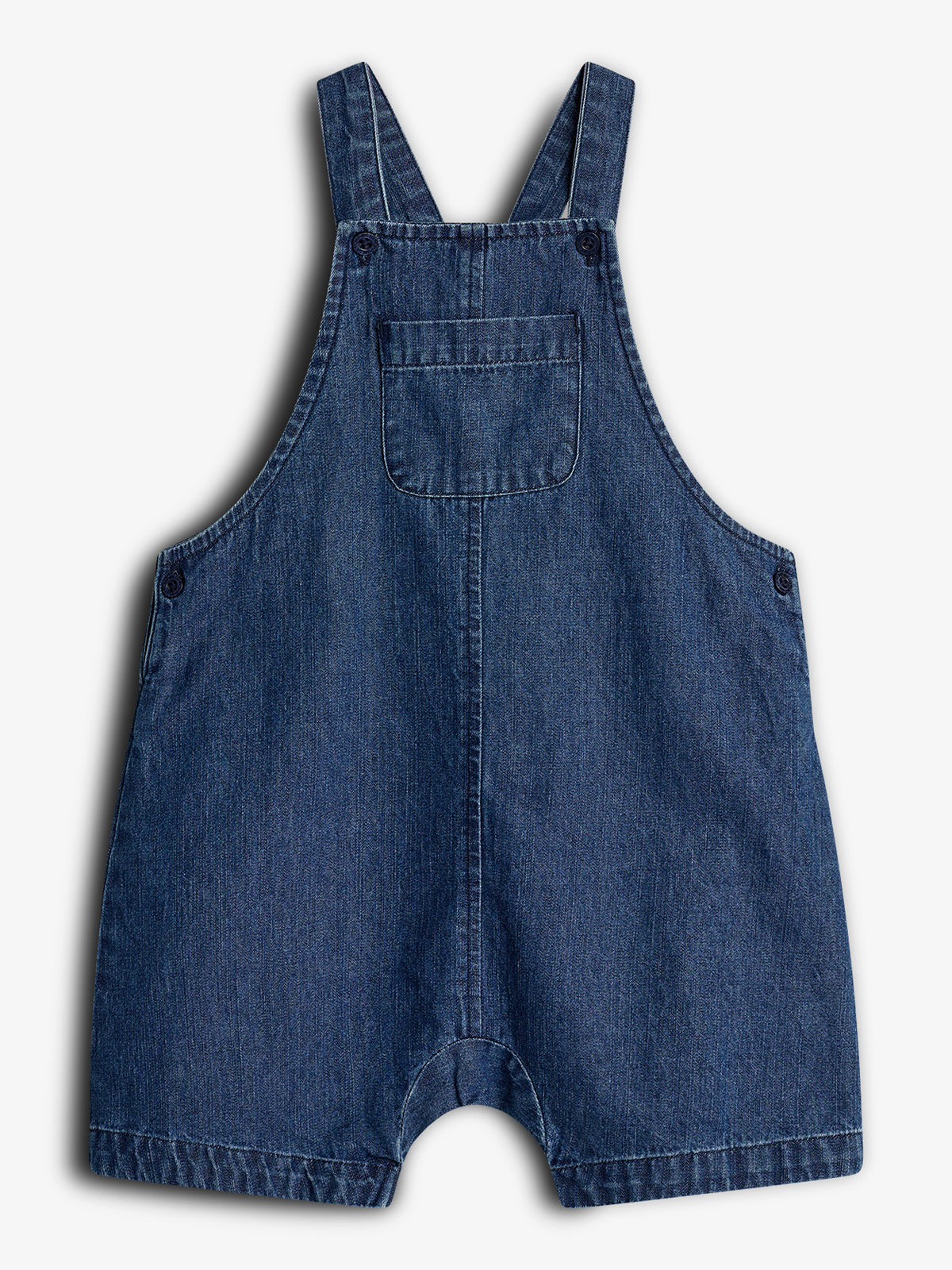 Denim overalls with a small chest pocket and adjustable shoulder straps. Set against a plain white background, the overalls have button fastenings on the sides.