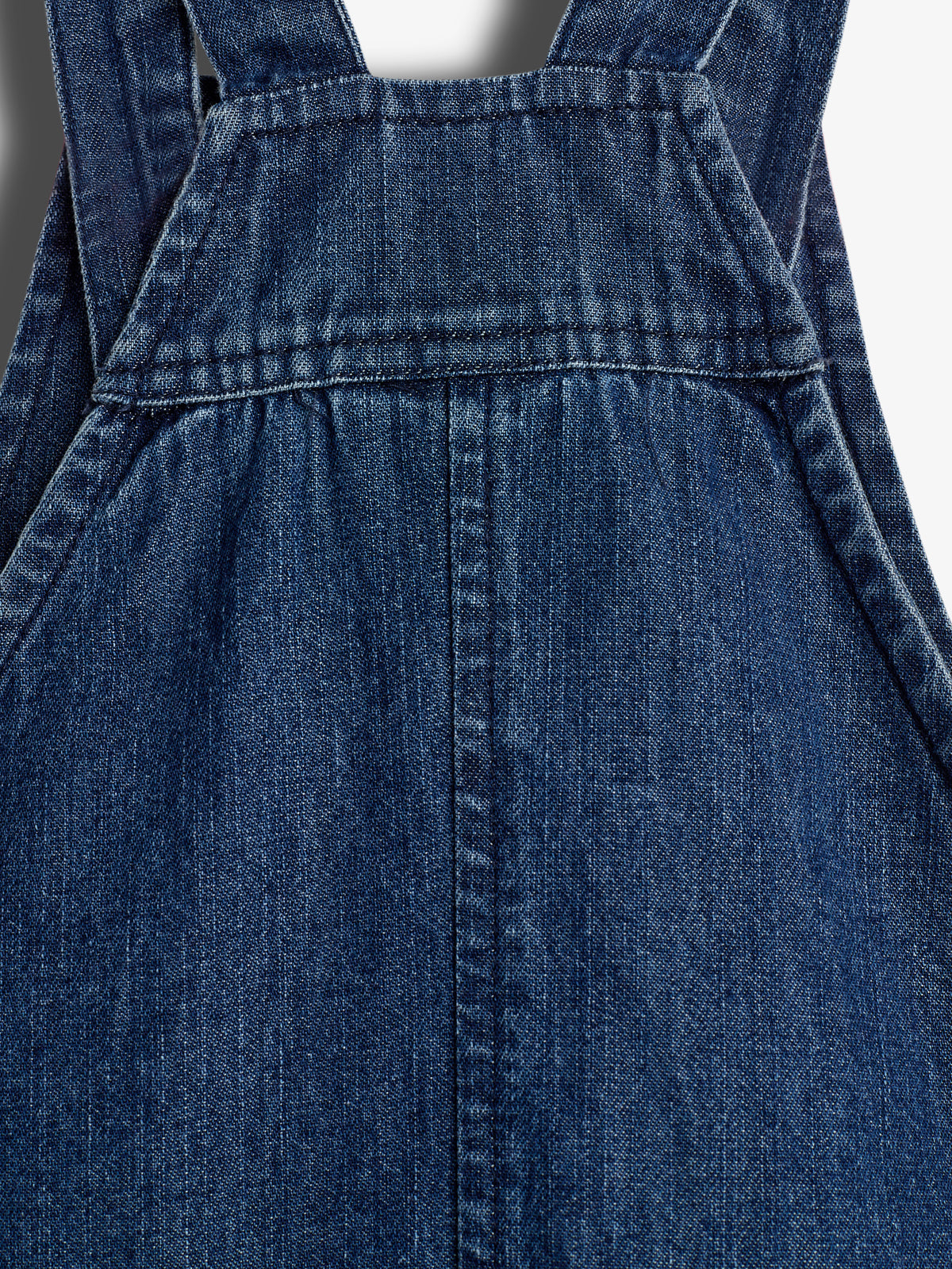 Denim fabric forms the main body of a blue bib-style garment, with visible stitching and straps, set against a plain white background.