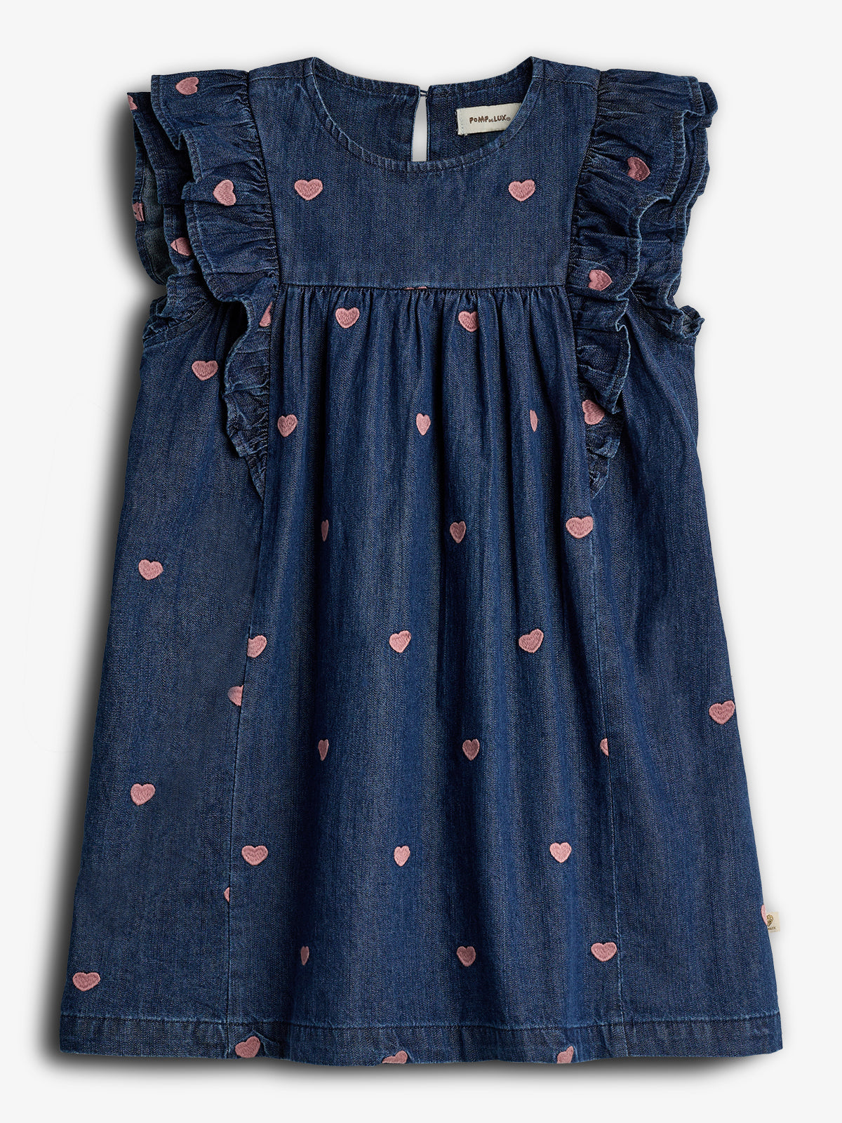 Dark denim dress features embroidered pink hearts and ruffled sleeves. It hangs flat against a white background. The label reads "POMPdeLUX" at the neck.