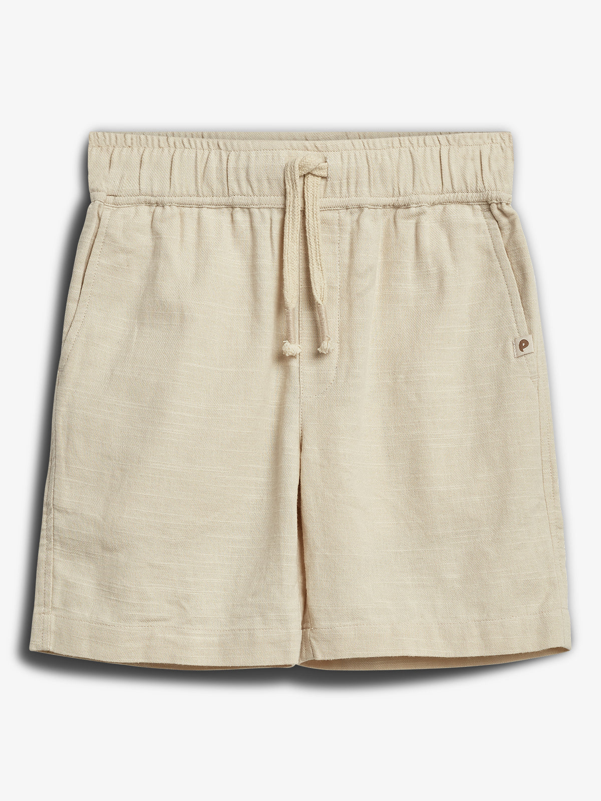 Beige shorts with an elastic waistband and drawstring, set against a plain white background. The shorts have a small logo tag on the right side near the pocket.