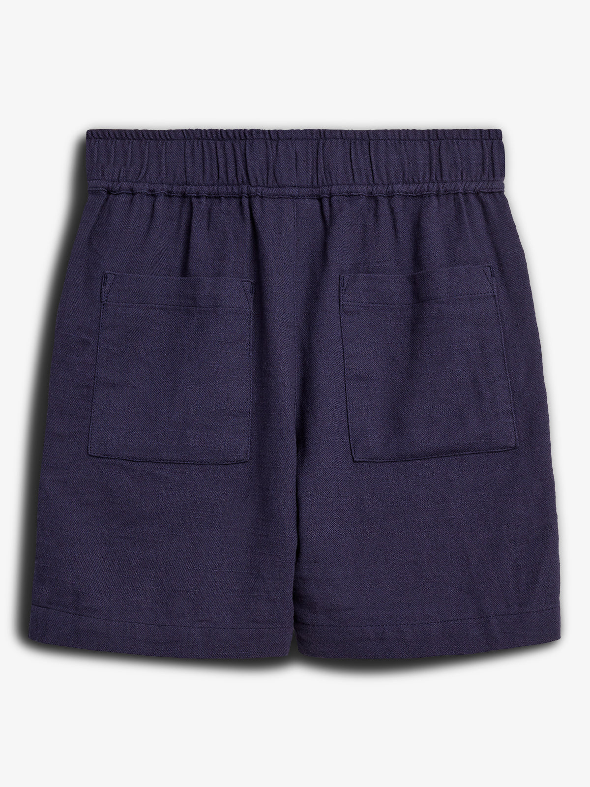 Dark blue shorts with an elastic waistband, featuring two back pockets; the shorts are laid flat against a plain white background.