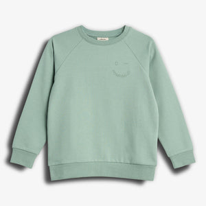 A mint green sweatshirt with ribbed cuffs and hem lays flat, featuring subtle embroidery on the left chest. The design is against a plain white background.