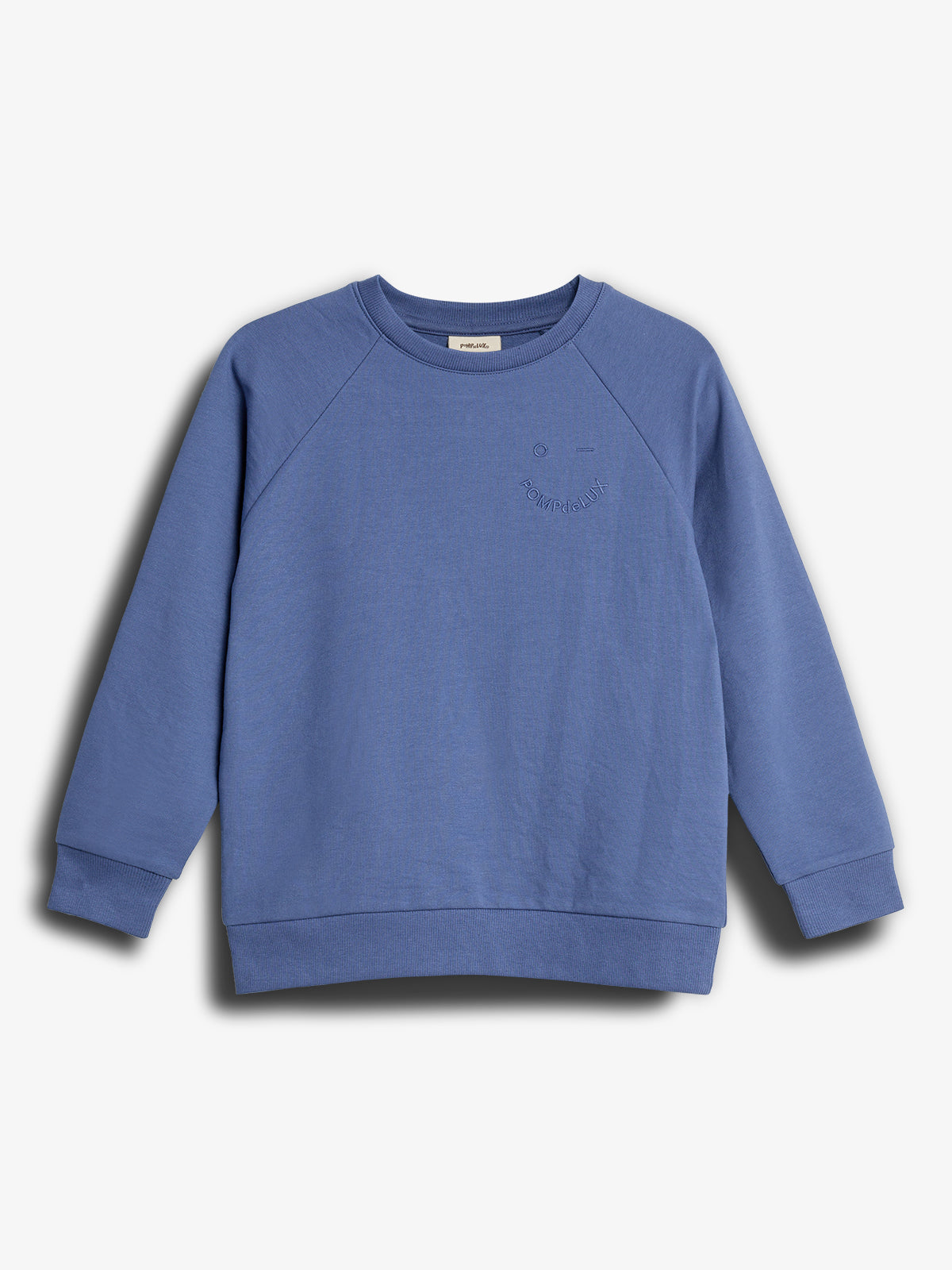 Blue sweatshirt displayed against a plain background, featuring long sleeves, ribbed cuffs, and subtle embroidery reading "POMPdeLUX" on the chest.