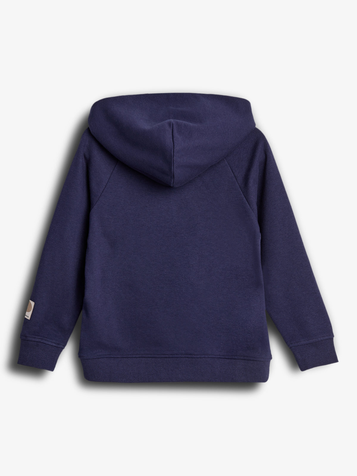 A navy blue hoodie displayed flat, showing its back with a hood and long sleeves. It appears against a plain, light-colored background. A small tag is visible on one sleeve.