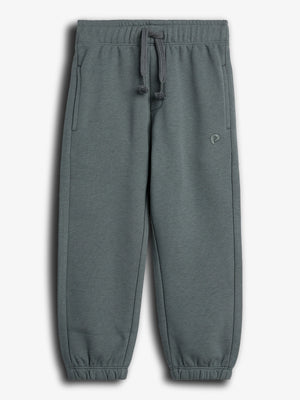 Gray joggers with an elastic waistband and drawstrings, featuring side pockets and a small "P" logo on the left. They're set against a plain white background.