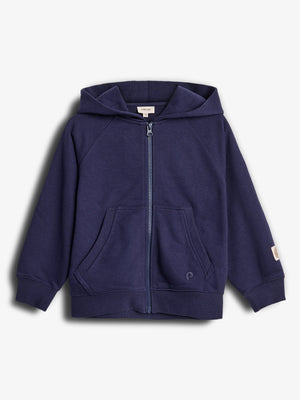 A navy blue zipper hoodie with front pockets and a small logo on the bottom left. It is displayed on a plain white background, emphasizing the garment's casual style.