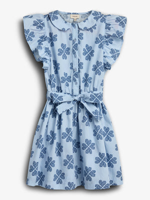 A light blue dress with blue floral patterns, features ruffled sleeves and a button-down front, tied with a waist bow, set against a plain white background.