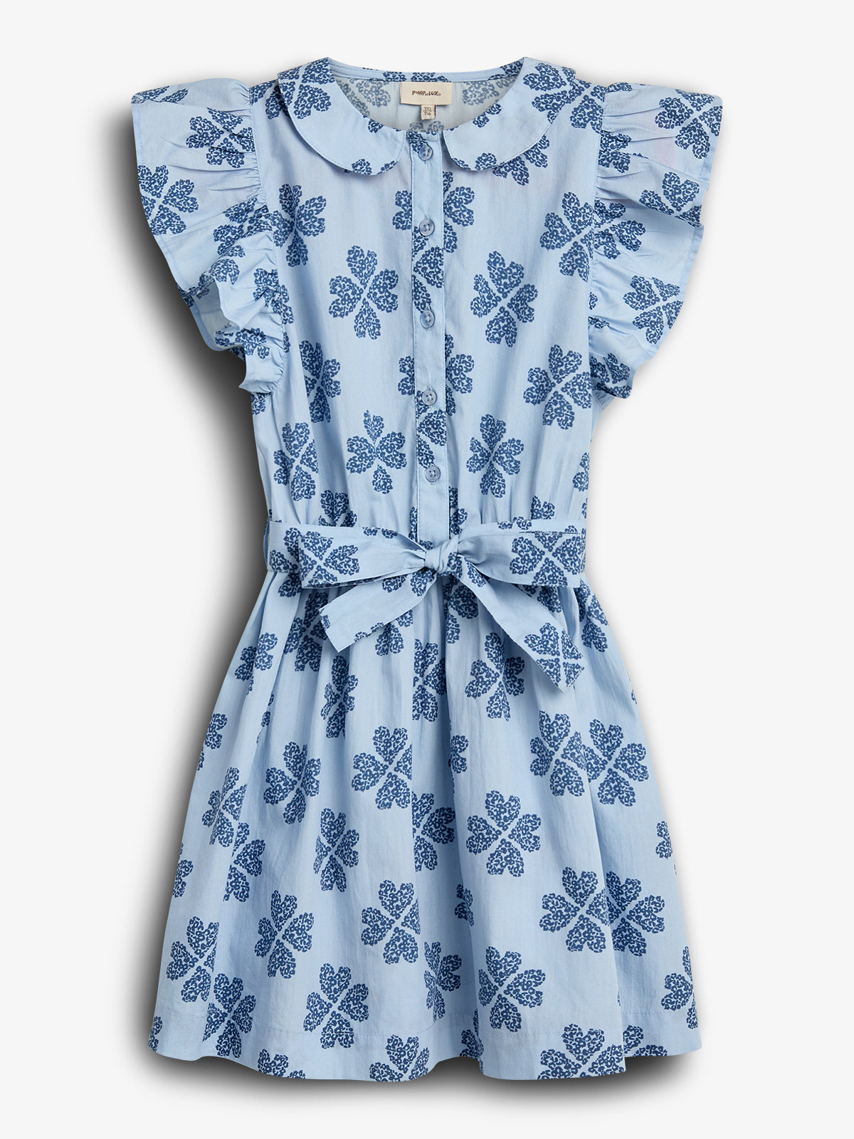A light blue dress with blue floral patterns, features ruffled sleeves and a button-down front, tied with a waist bow, set against a plain white background.
